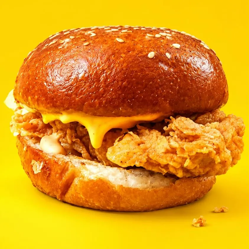 A crispy chicken burger with melted cheese in a sesame brioche bun