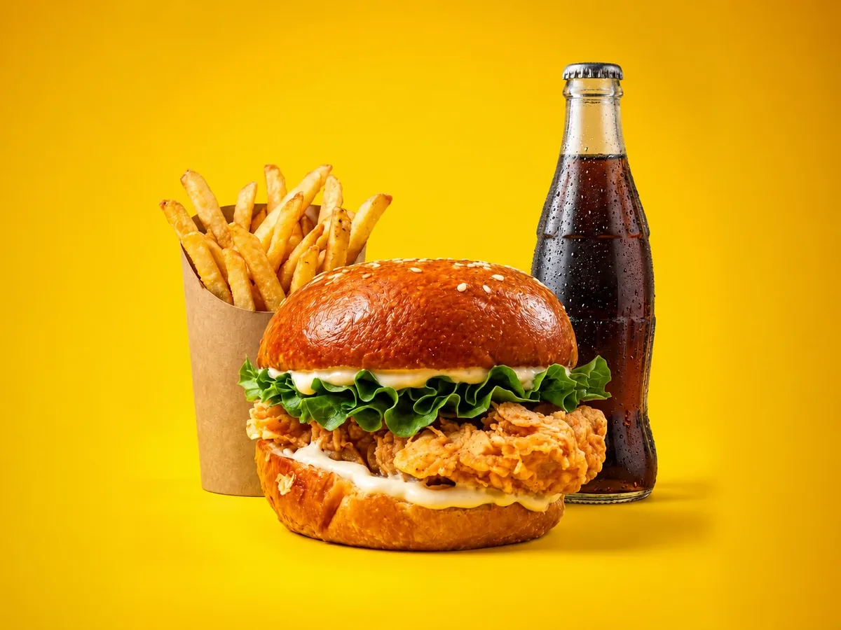 A Classic Crispy burger with mayonnaise and lettuce, a cup of fries and a cold drink
