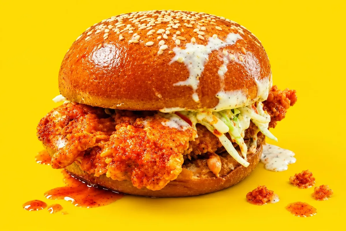 A Nashville hot chicken burger with coleslaw in a sesame brioche bun