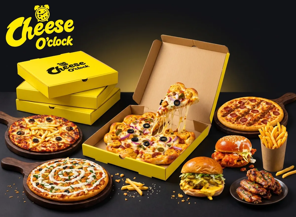 Pizzas in yellow boxes, with burgers, fries and wings