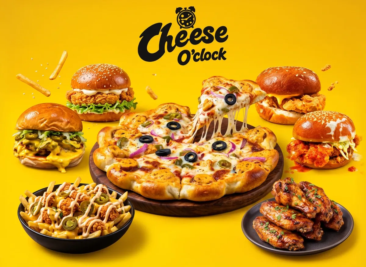 A pizza with a long cheese pull, with burgers, loaded fries and wings around it