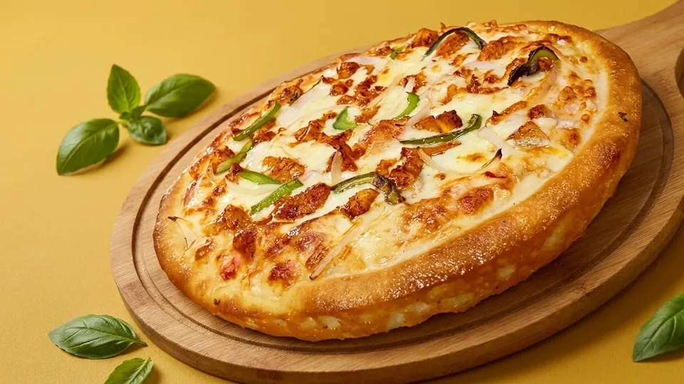 A pizza on a wooden board, its golden crust up close