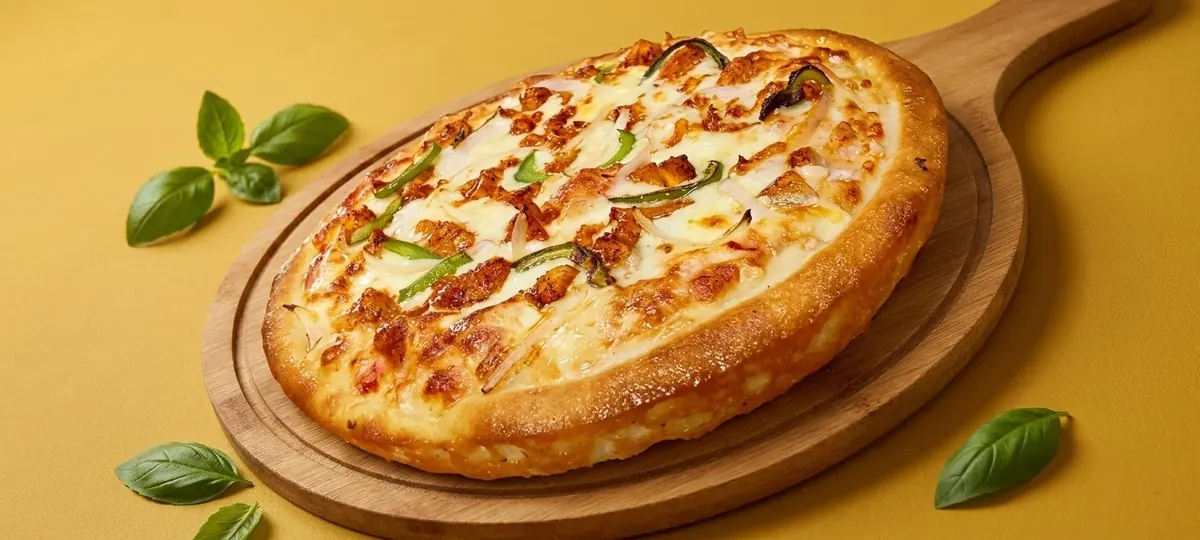 A pizza on a wooden peel with fresh basil